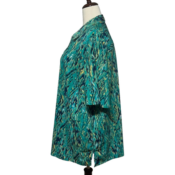 Catherines Top Womens 2X Green Blue Button Up Stretch Short Sleeve V-Neck Blouse - Picture 6 of 9